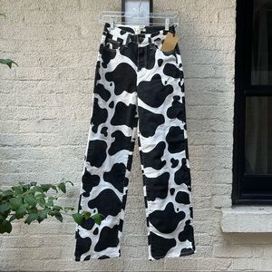 High Waist Cow Print Denim Straight Leg Jeans